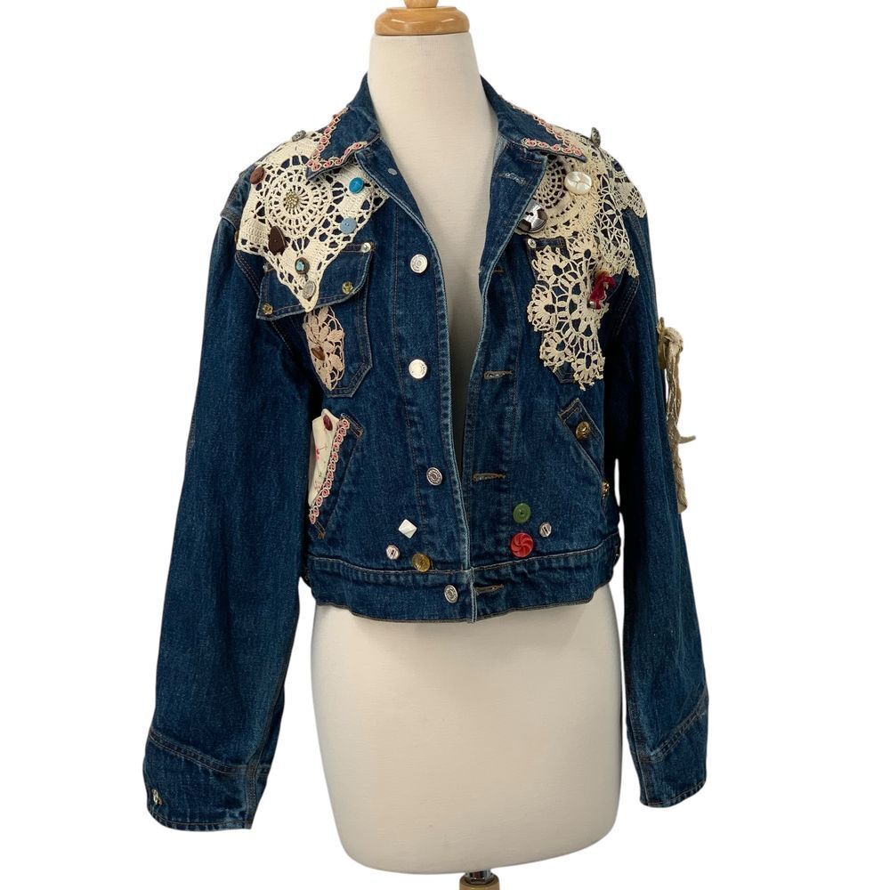 Ralph Lauren Women Denim Jacket Embellished Crochet Lace Applique Boho Cropped S